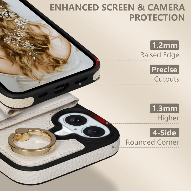 Keallce Wallet Case for iPhone 16 Plus 6.7'', Flip Case with Card Slots, Ring Holder Kickstand, PU Leather Protective Folio Cover for Women, Beige - Image 3